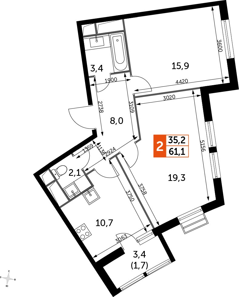 2-комнатная квартира без отделки, 61 м2, 2 этаж, дом сдан, ЖК UP-квартал Римский, корпус 7 - объявление 2353970 - фото №1