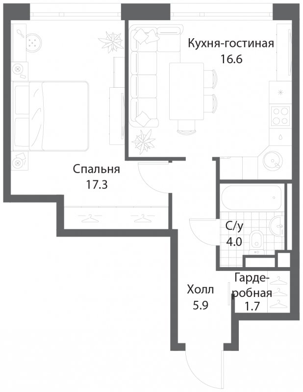 1-комнатная квартира без отделки, 45.4 м2, 23 этаж, сдача 3 квартал 2025 г., ЖК Nagatino i-Land, корпус 2 (3 очередь) - объявление 1830522 - фото №1