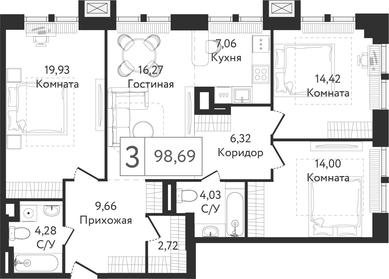 3-комнатная квартира без отделки, 98.69 м2, 4 этаж, сдача 3 квартал 2023 г., ЖК Dream Towers, корпус 1 - объявление 1801065 - фото №1