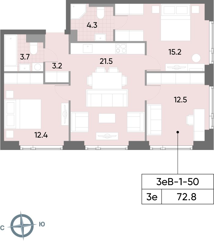 3-комнатная квартира 72.8 м2, 50 этаж, сдача 2 квартал 2026 г., ЖК WAVE, корпус 1 - объявление 2185927 - фото №1