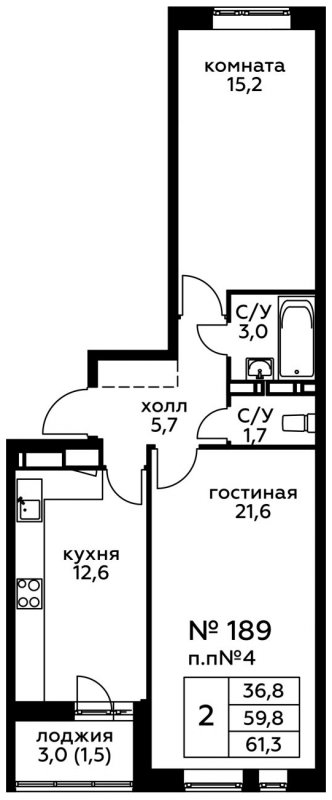 2-комнатная квартира с частичной отделкой, 61.3 м2, 3 этаж, сдача 2 квартал 2022 г., ЖК Новоград Павлино, корпус 20 - объявление 1250200 - фото №1