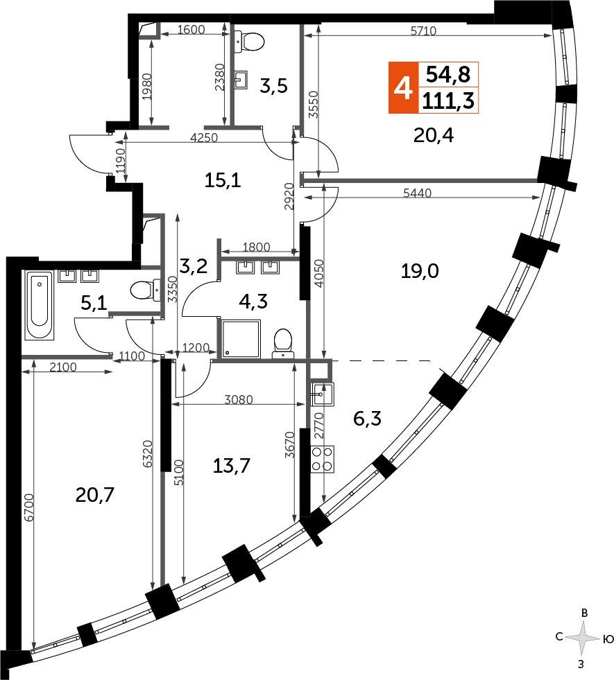3-комнатная квартира с частичной отделкой, 111.3 м2, 32 этаж, сдача 3 квартал 2024 г., ЖК Sydney City, корпус 2.2 - объявление 2384565 - фото №1