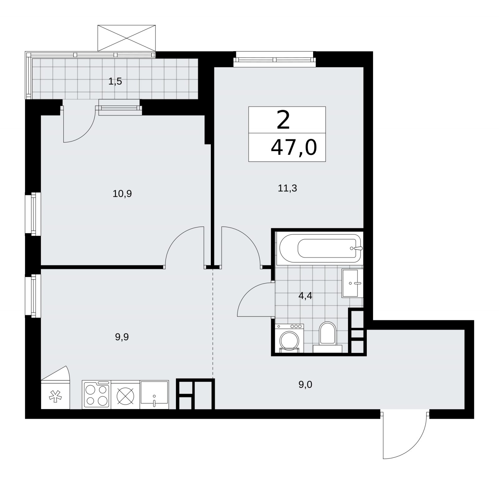 2-комнатная квартира с частичной отделкой, 47 м2, 10 этаж, сдача 1 квартал 2026 г., ЖК Прокшино, корпус 11.1.1 - объявление 2257098 - фото №1