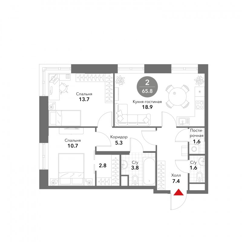 2-комнатные апартаменты без отделки, 65.8 м2, 13 этаж, сдача 3 квартал 2025 г., ЖК VOXHALL, корпус 4 - объявление 1793742 - фото №1