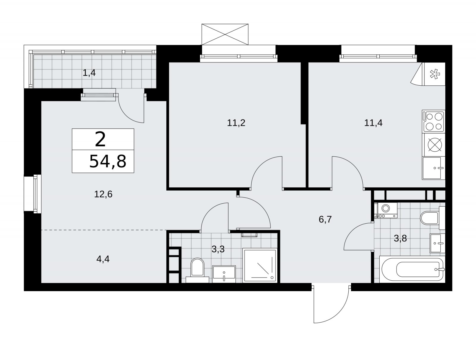 2-комнатная квартира без отделки, 54.8 м2, 10 этаж, сдача 2 квартал 2026 г., ЖК Скандинавия, корпус 25.4 - объявление 2284066 - фото №1