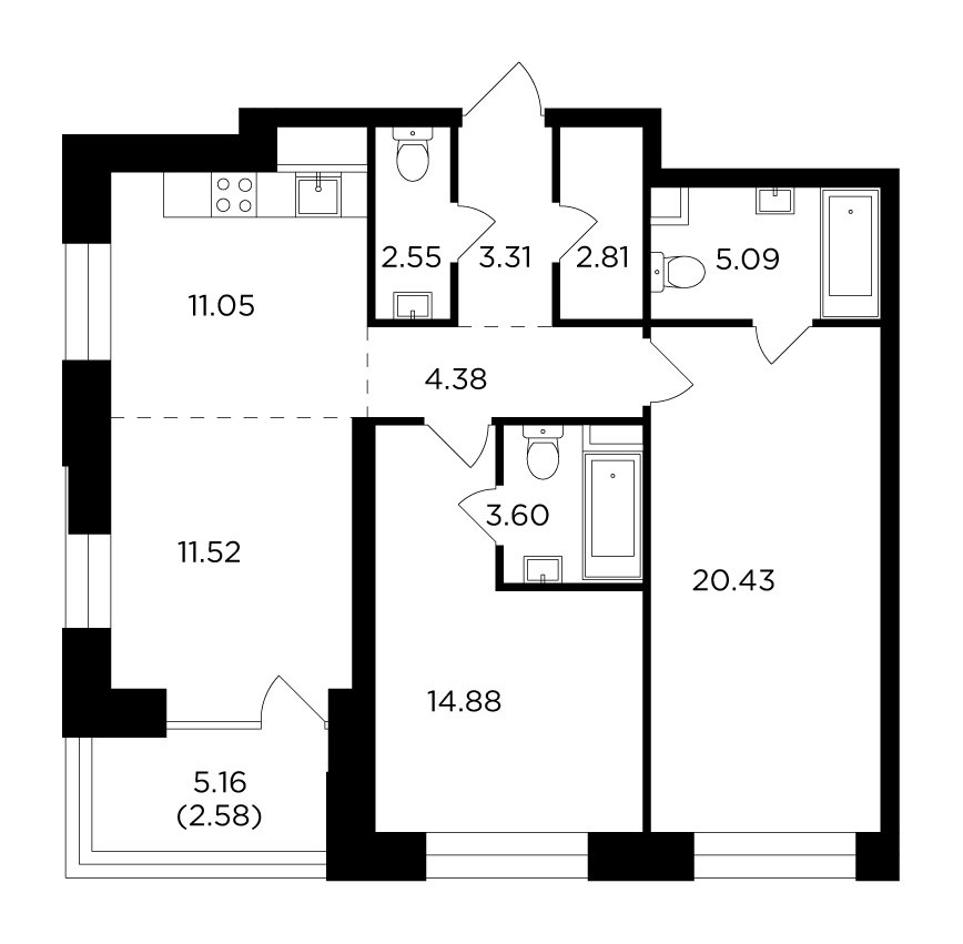 3-комнатная квартира без отделки, 82.2 м2, 16 этаж, дом сдан, ЖК FORIVER, корпус 5 - объявление 2351933 - фото №1
