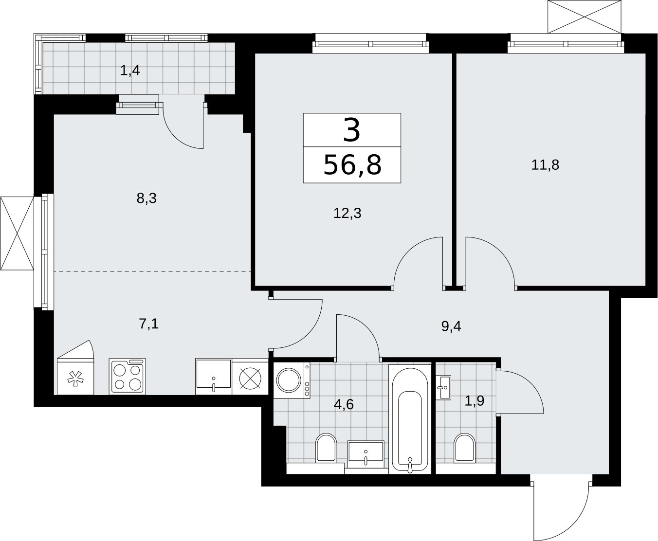 3-комнатная квартира (евро) без отделки, 56.8 м2, 3 этаж, сдача 2 квартал 2026 г., ЖК Бунинские кварталы, корпус 7.3 - объявление 2313598 - фото №1