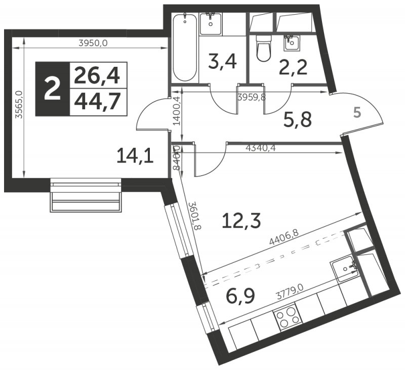2-комнатная квартира с полной отделкой, 44.7 м2, 5 этаж, сдача 3 квартал 2023 г., ЖК UP-квартал Римский, корпус 7 - объявление 1331426 - фото №1