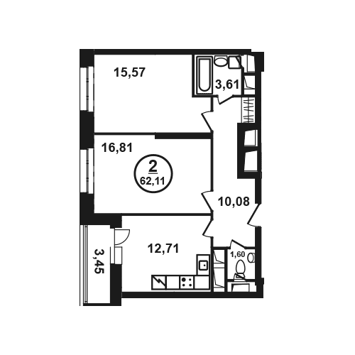 2-комнатная квартира с полной отделкой, 62.11 м2, 5 этаж, дом сдан, ЖК Петра Алексеева, 12А, корпус 4 - объявление 1756587 - фото №1