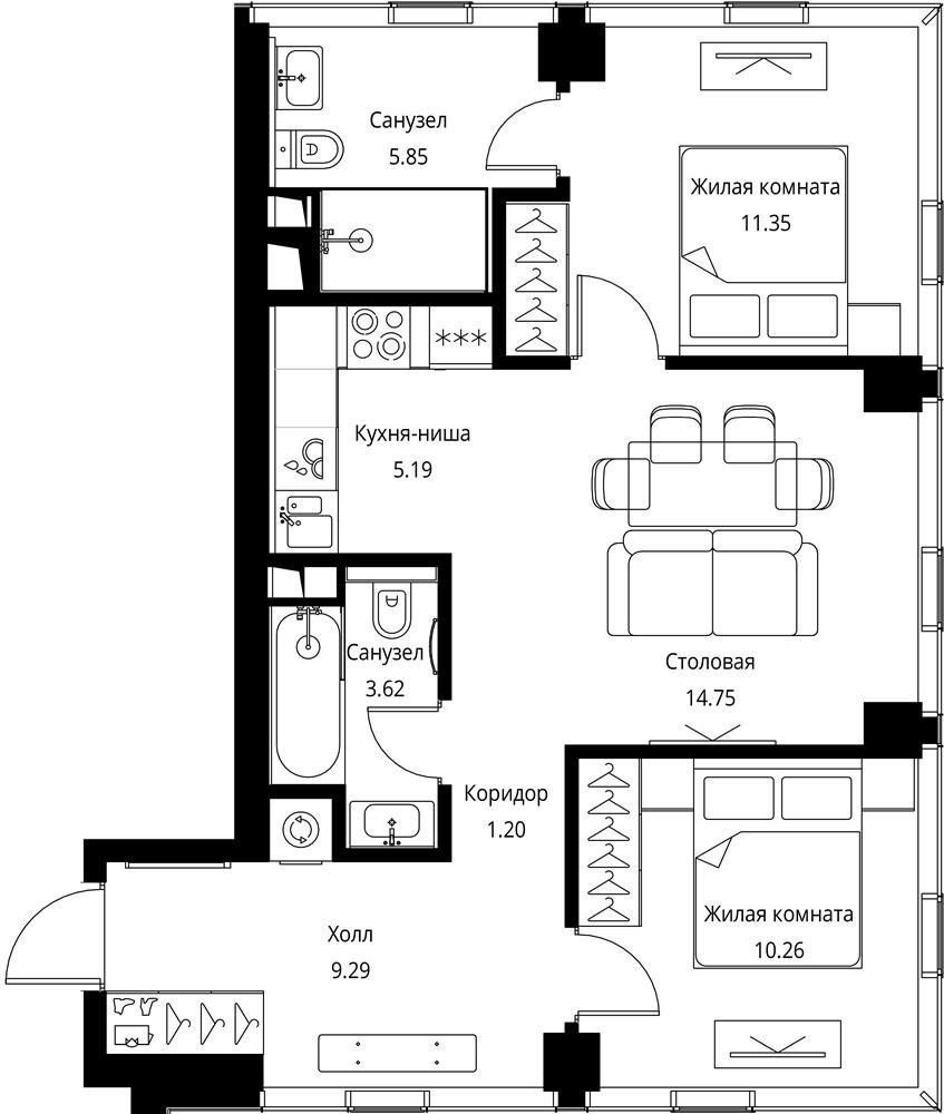 2-комнатная квартира с частичной отделкой, 61.51 м2, 7 этаж, сдача 3 квартал 2026 г., ЖК City Bay, корпус North Ocean 1 - объявление 2332362 - фото №1