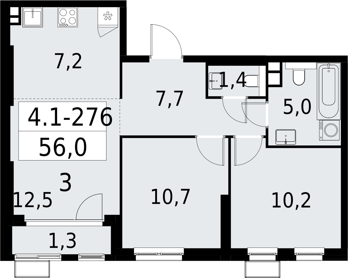 3-комнатная квартира (евро) с полной отделкой, 56 м2, 3 этаж, сдача 2 квартал 2027 г., ЖК Южные сады, корпус 4.1.2 - объявление 2392788 - фото №1