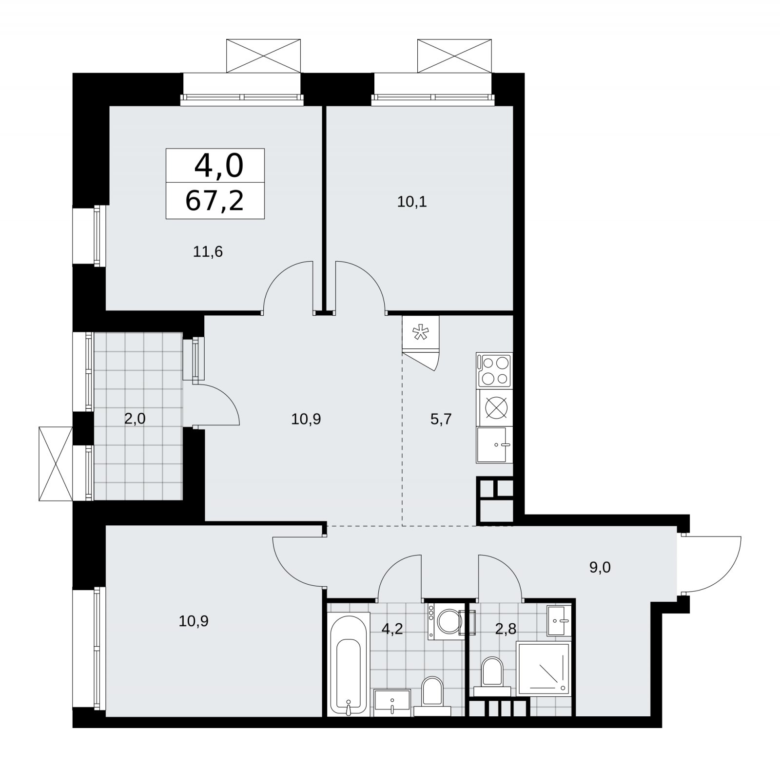 4-комнатная квартира (евро) без отделки, 67.2 м2, 6 этаж, сдача 4 квартал 2025 г., ЖК Бунинские кварталы, корпус 6.5 - объявление 2252778 - фото №1