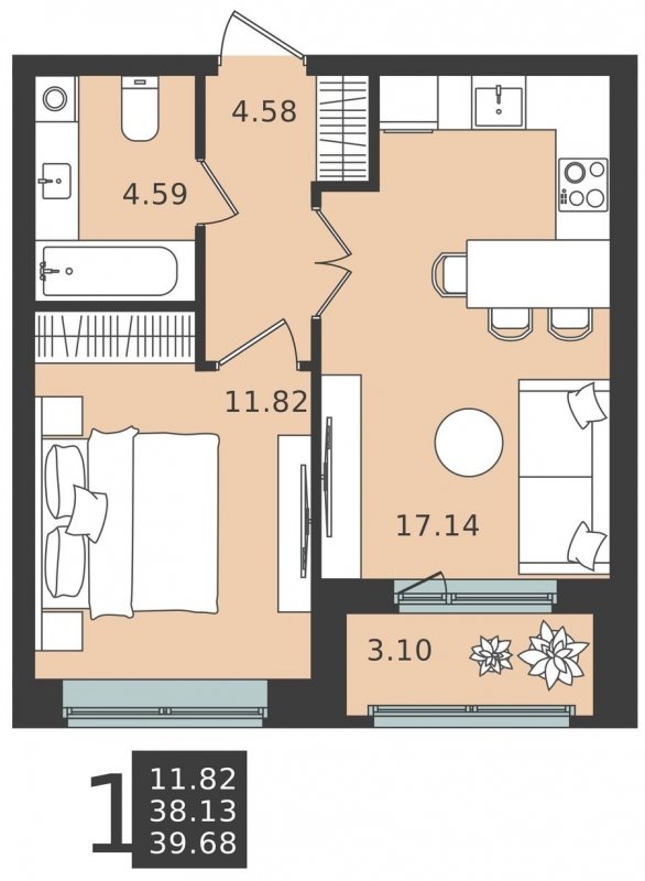 1-комнатная квартира без отделки, 39.68 м2, 1 этаж, сдача 1 квартал 2024 г., ЖК Мишино-2, корпус 6 - объявление 1949068 - фото №1