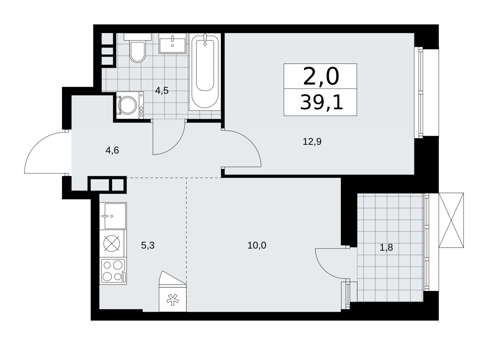 2-комнатная квартира (евро) с частичной отделкой, 39.1 м2, 4 этаж, сдача 1 квартал 2026 г., ЖК Бунинские кварталы, корпус 6.1 - объявление 2252365 - фото №1
