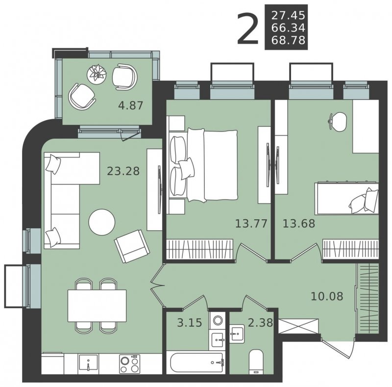 2-комнатная квартира без отделки, 68.78 м2, 2 этаж, сдача 1 квартал 2024 г., ЖК Мишино-2, корпус 6 - объявление 1949090 - фото №1