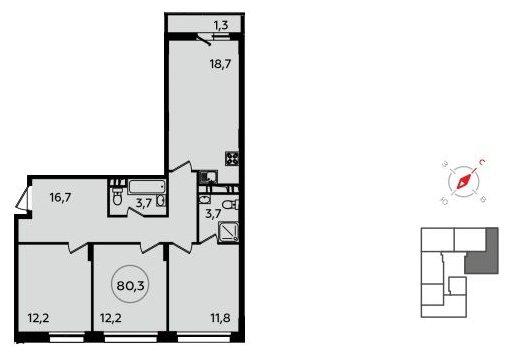 3-комнатная квартира без отделки, 80.3 м2, 10 этаж, сдача 1 квартал 2022 г., ЖК Скандинавия, корпус 13.1 - объявление 1411563 - фото №1