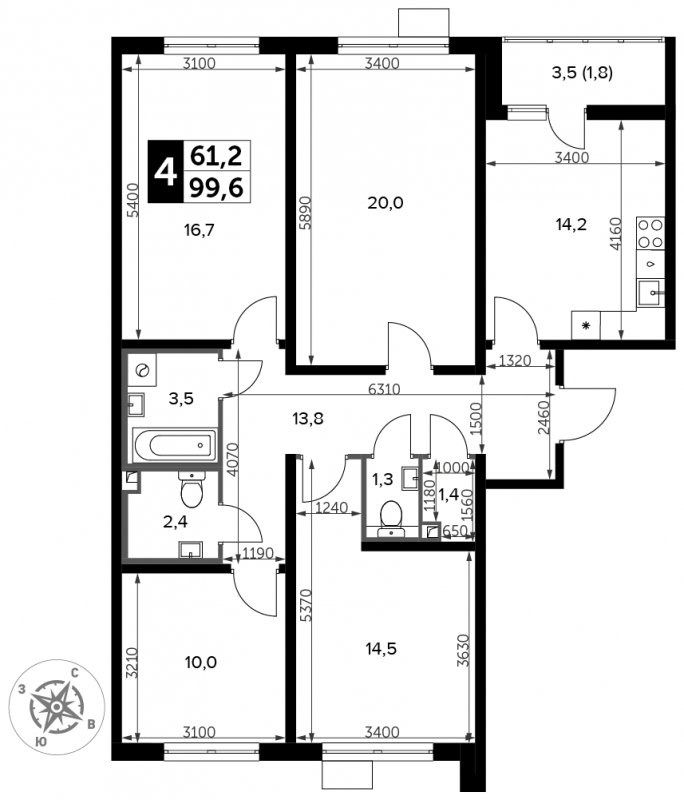 4-комнатная квартира с частичной отделкой, 99.6 м2, 6 этаж, сдача 3 квартал 2023 г., ЖК Южная Битца, корпус 11 - объявление 1771679 - фото №1