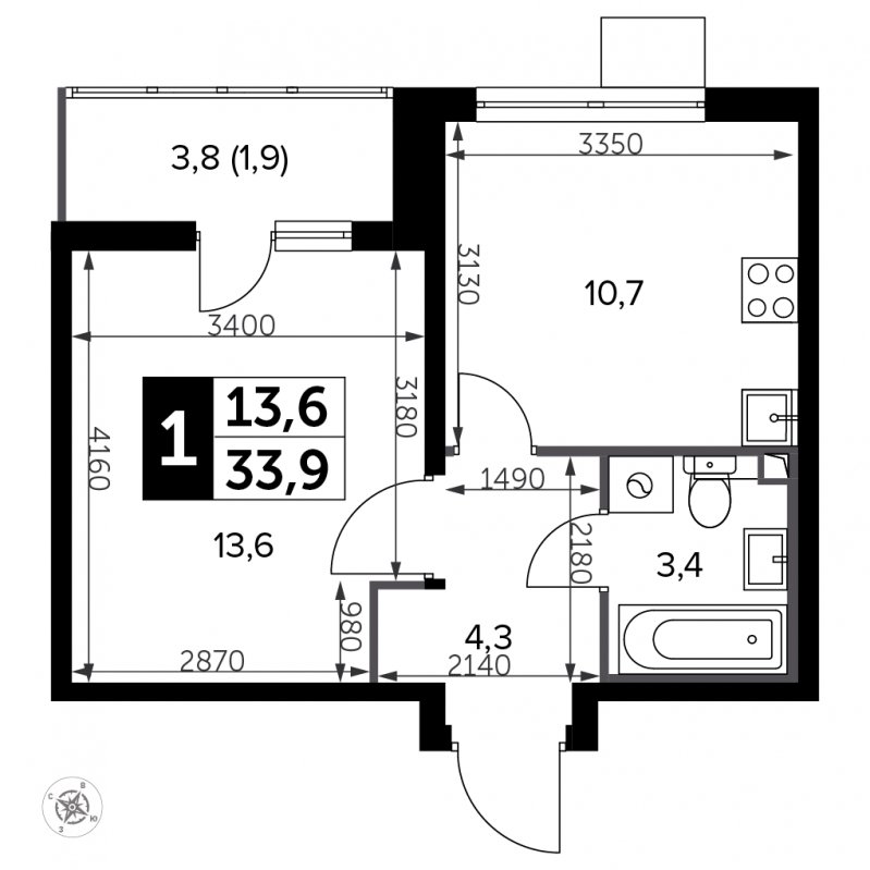 1-комнатная квартира с полной отделкой, 33.9 м2, 4 этаж, сдача 3 квартал 2023 г., ЖК Южная Битца, корпус 12 - объявление 1947766 - фото №1
