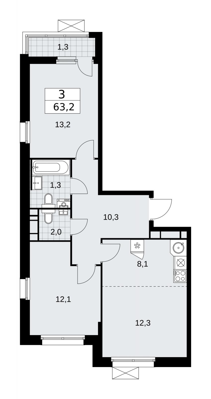 3-комнатная квартира (евро) без отделки, 63.2 м2, 14 этаж, сдача 2 квартал 2026 г., ЖК Скандинавия, корпус 25.5 - объявление 2283737 - фото №1