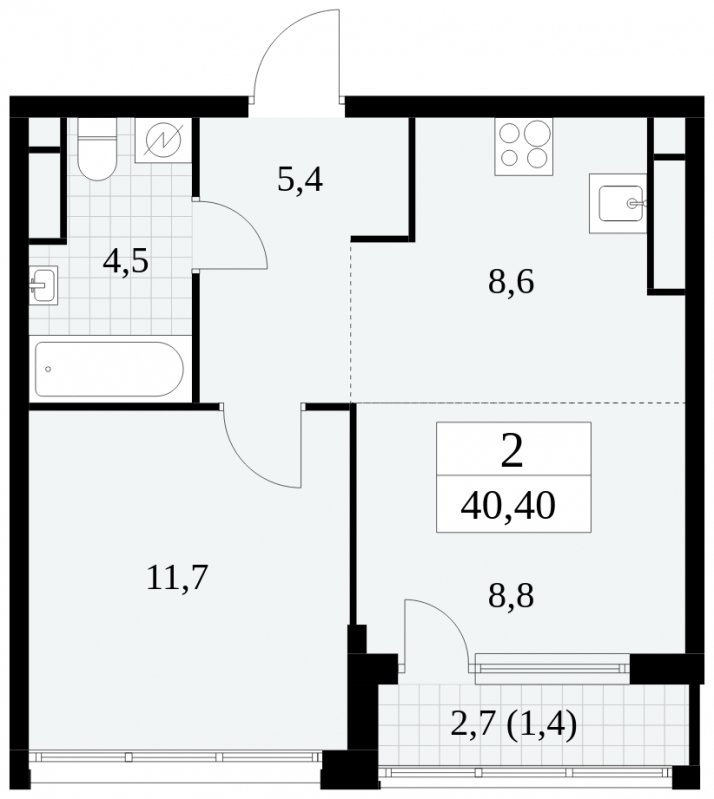 2-комнатная квартира (евро) с частичной отделкой, 40.4 м2, 30 этаж, сдача 2 квартал 2025 г., ЖК Южные сады, корпус 2.1 - объявление 1760085 - фото №1