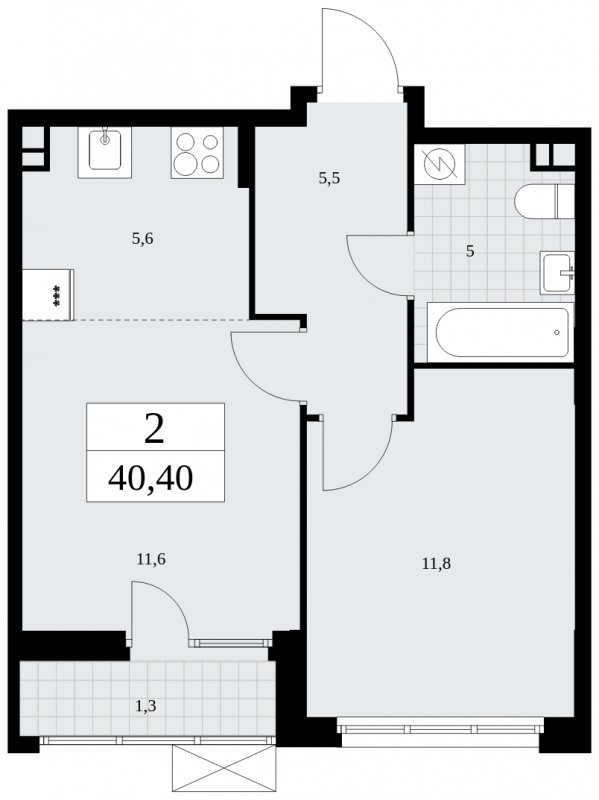 2-комнатная квартира (евро) без отделки, 40.4 м2, 3 этаж, сдача 4 квартал 2024 г., ЖК Бунинские кварталы, корпус 2.4 - объявление 1882593 - фото №1