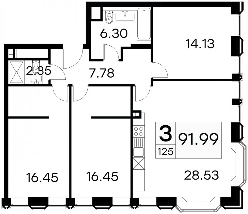 3-комнатные апартаменты с частичной отделкой, 91.99 м2, 11 этаж, сдача 3 квартал 2024 г., ЖК GloraX Aura Белорусская, корпус 1 - объявление 1708622 - фото №1