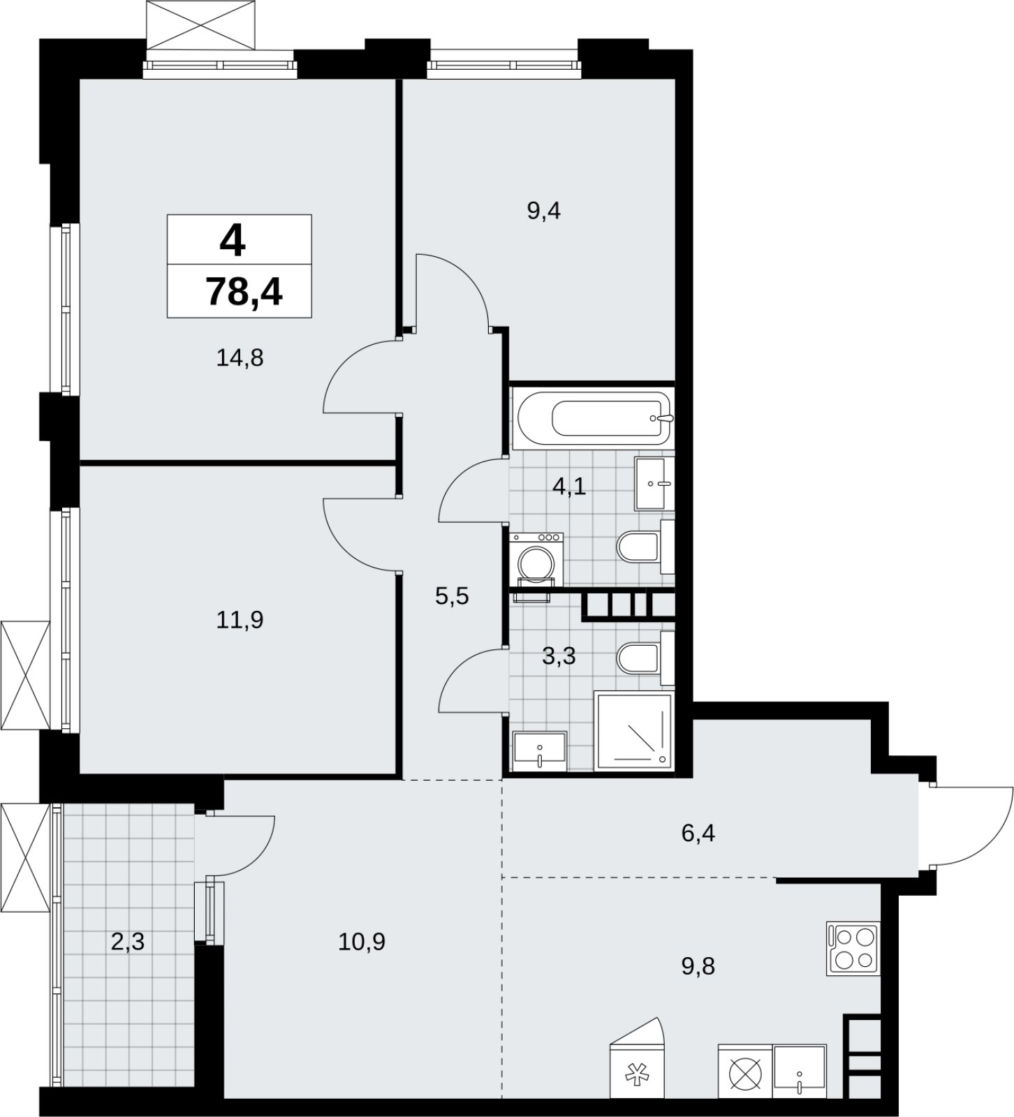 4-комнатная квартира (евро) без отделки, 78.4 м2, 9 этаж, сдача 4 квартал 2026 г., ЖК Скандинавия, корпус 2.18.1.3 - объявление 2350820 - фото №1