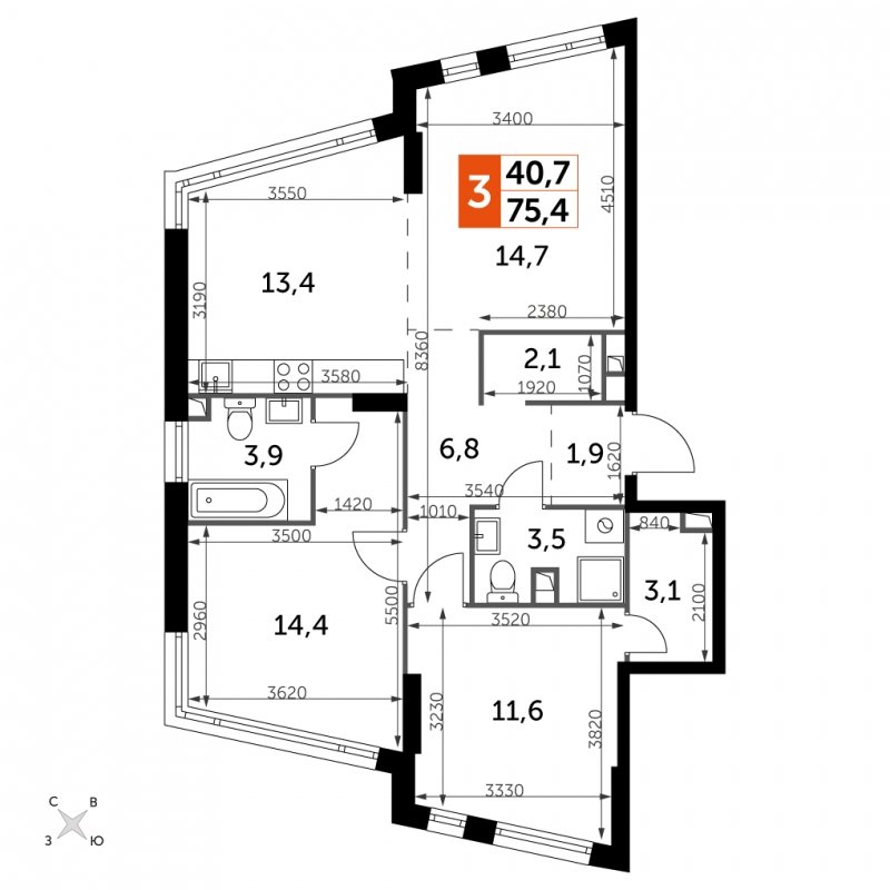 3-комнатная квартира с частичной отделкой, 75.4 м2, 4 этаж, сдача 4 квартал 2024 г., ЖК ROTTERDAM, корпус 2.3 - объявление 1849312 - фото №1