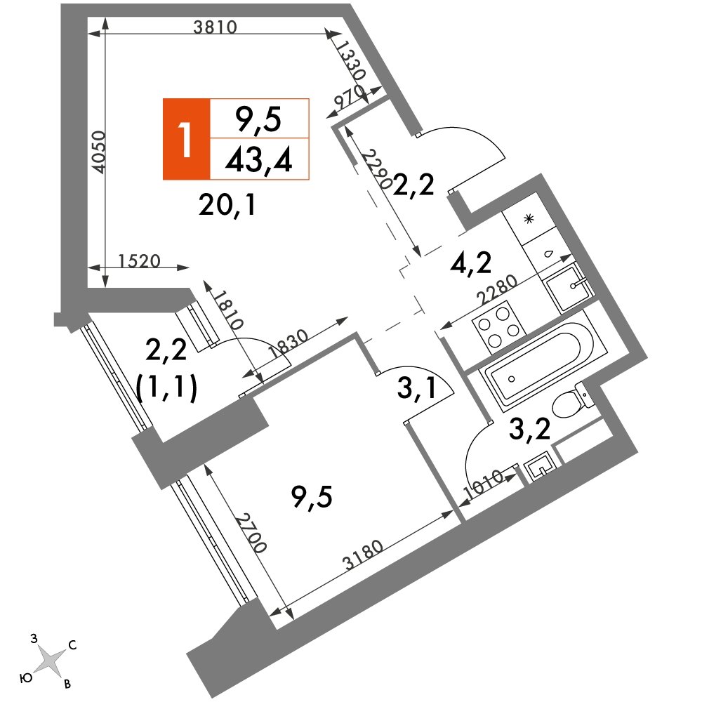 1-комнатная квартира с полной отделкой, 43.4 м2, 28 этаж, дом сдан, ЖК Архитектор, корпус 3 - объявление 2235297 - фото №1