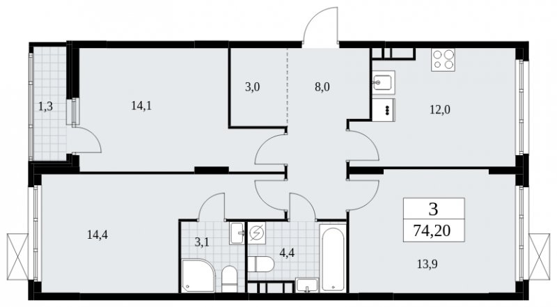 3-комнатная квартира без отделки, 74.2 м2, 9 этаж, сдача 4 квартал 2024 г., ЖК Скандинавия, корпус 35.2.2 - объявление 1841069 - фото №1