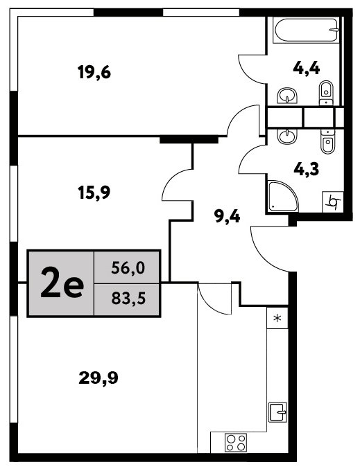 2-комнатная квартира без отделки, 83.5 м2, 29 этаж, сдача 4 квартал 2023 г., ЖК Фестиваль Парк - 2, корпус 25 - объявление 1660850 - фото №1