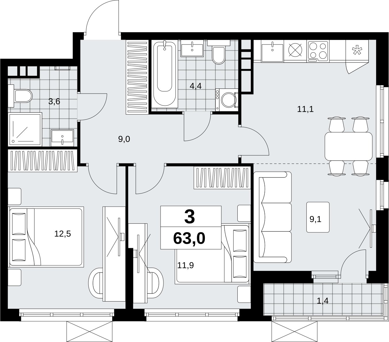 3-комнатная квартира (евро) без отделки, 63 м2, 6 этаж, сдача 4 квартал 2026 г., ЖК Скандинавия, корпус 2.18.2.5 - объявление 2351667 - фото №1