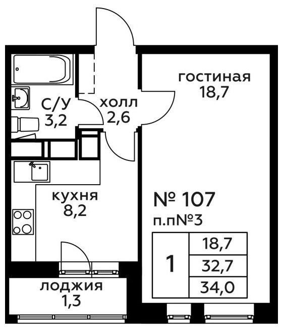 1-комнатная квартира без отделки, 34 м2, 22 этаж, сдача 2 квартал 2022 г., ЖК Новоград Павлино, корпус 18 - объявление 1249916 - фото №1