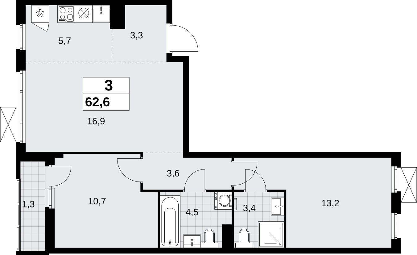 3-комнатная квартира (евро) без отделки, 62.6 м2, 4 этаж, сдача 2 квартал 2026 г., ЖК Дзен-кварталы, корпус 6.1.1 - объявление 2327041 - фото №1