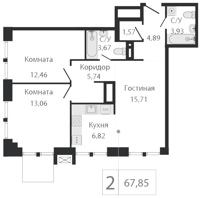 2-комнатная квартира без отделки, 67.85 м2, 2 этаж, сдача 2 квартал 2023 г., ЖК Dream Towers, корпус 2 - объявление 1801055 - фото №1