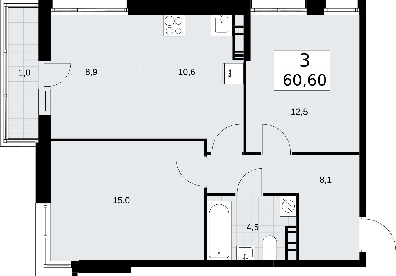 3-комнатная квартира (евро) без отделки, 60.6 м2, 9 этаж, сдача 3 квартал 2026 г., ЖК Родные кварталы, корпус 3.4 - объявление 2378695 - фото №1