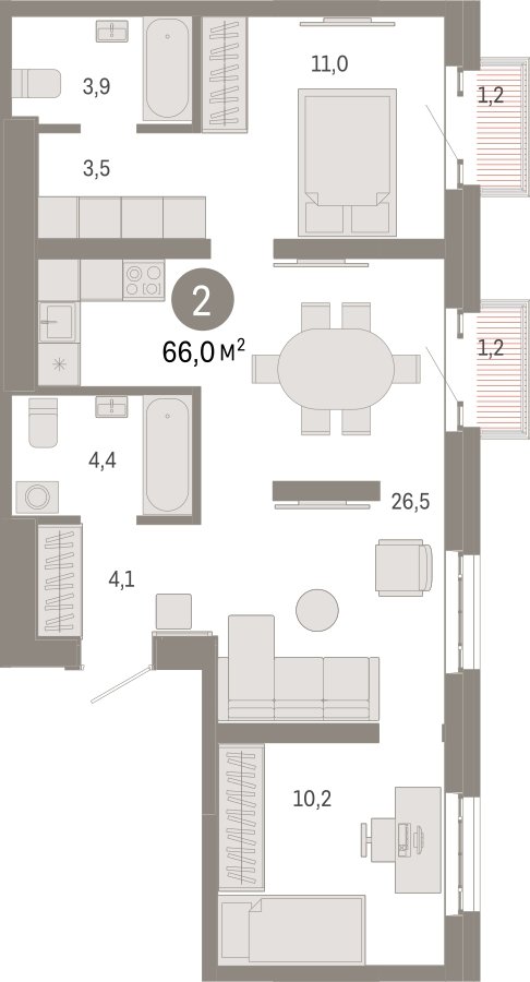 2-комнатная квартира 66 м2, 7 этаж, сдача 3 квартал 2026 г., ЖК Квартал Метроном, корпус 1 - объявление 2330879 - фото №1