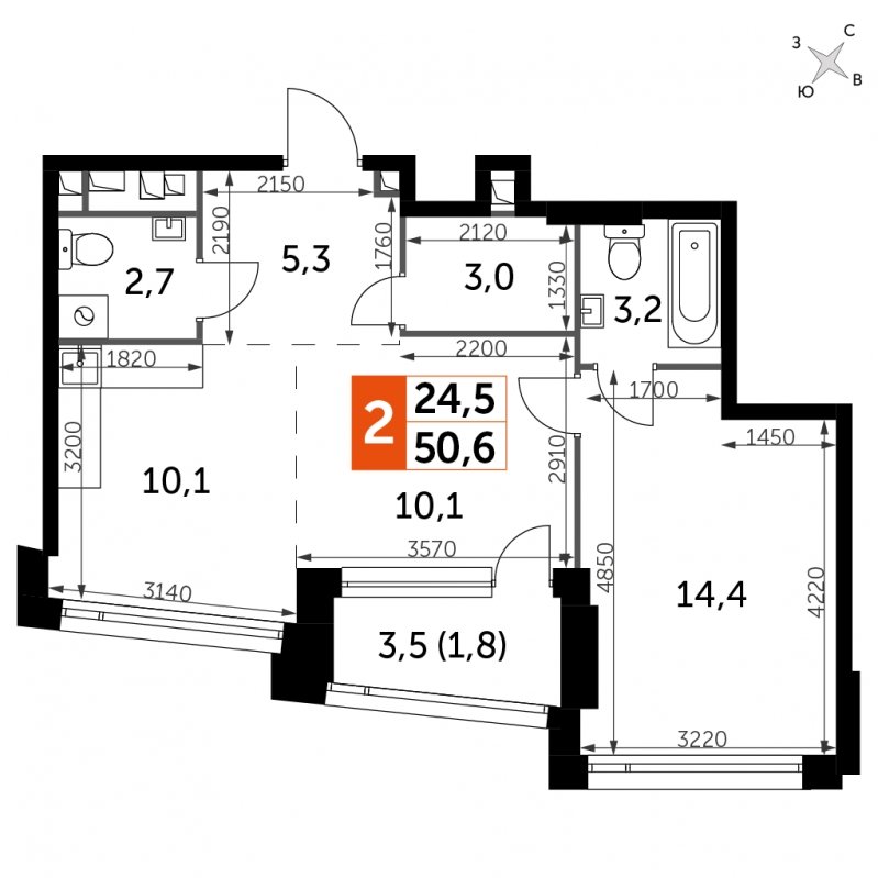 2-комнатная квартира с частичной отделкой, 50.6 м2, 7 этаж, сдача 4 квартал 2024 г., ЖК ROTTERDAM, корпус 2.1 - объявление 1694260 - фото №1