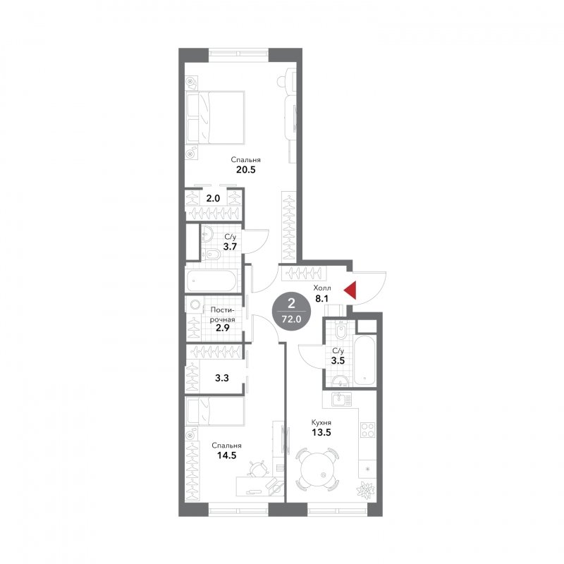 2-комнатная квартира без отделки, 72 м2, 4 этаж, сдача 3 квартал 2025 г., ЖК VOXHALL, корпус 2 - объявление 1806109 - фото №1
