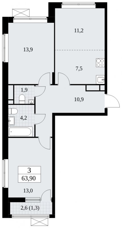 3-комнатная квартира (евро) без отделки, 63.9 м2, 13 этаж, сдача 1 квартал 2025 г., ЖК Прокшино, корпус 5.2.4 - объявление 1900702 - фото №1