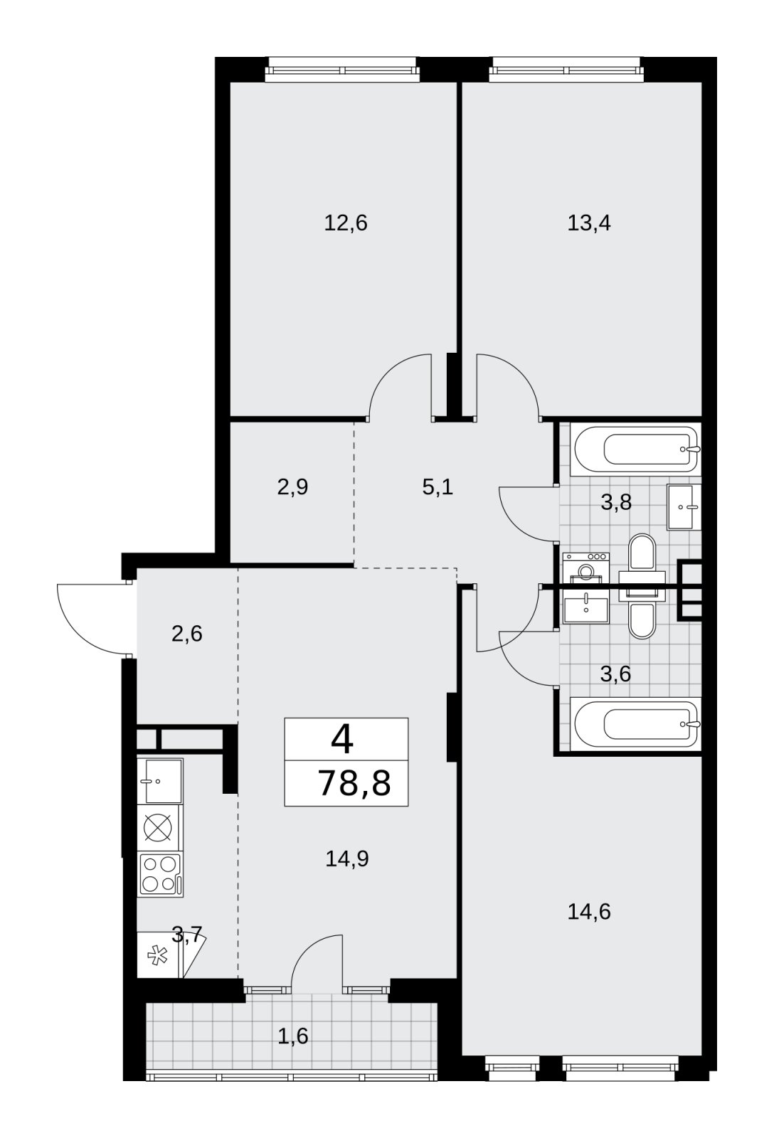 4-комнатная квартира (евро) с частичной отделкой, 78.8 м2, 7 этаж, сдача 2 квартал 2026 г., ЖК Деснаречье, корпус 4.5 - объявление 2264477 - фото №1