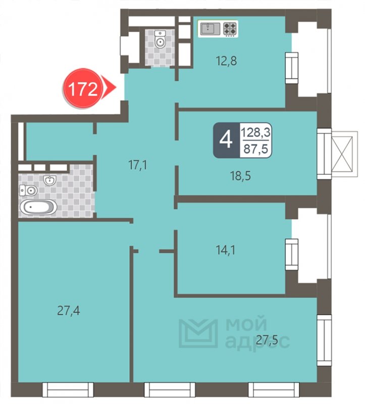 4-комнатная квартира с полной отделкой, 128.3 м2, 23 этаж, дом сдан, ЖК мой адрес На Береговом, корпус Южный квартал - объявление 1866970 - фото №1