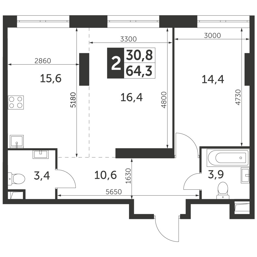2-комнатная квартира с частичной отделкой, 64.3 м2, 38 этаж, дом сдан, ЖК Архитектор, корпус 3 - объявление 2345246 - фото №1