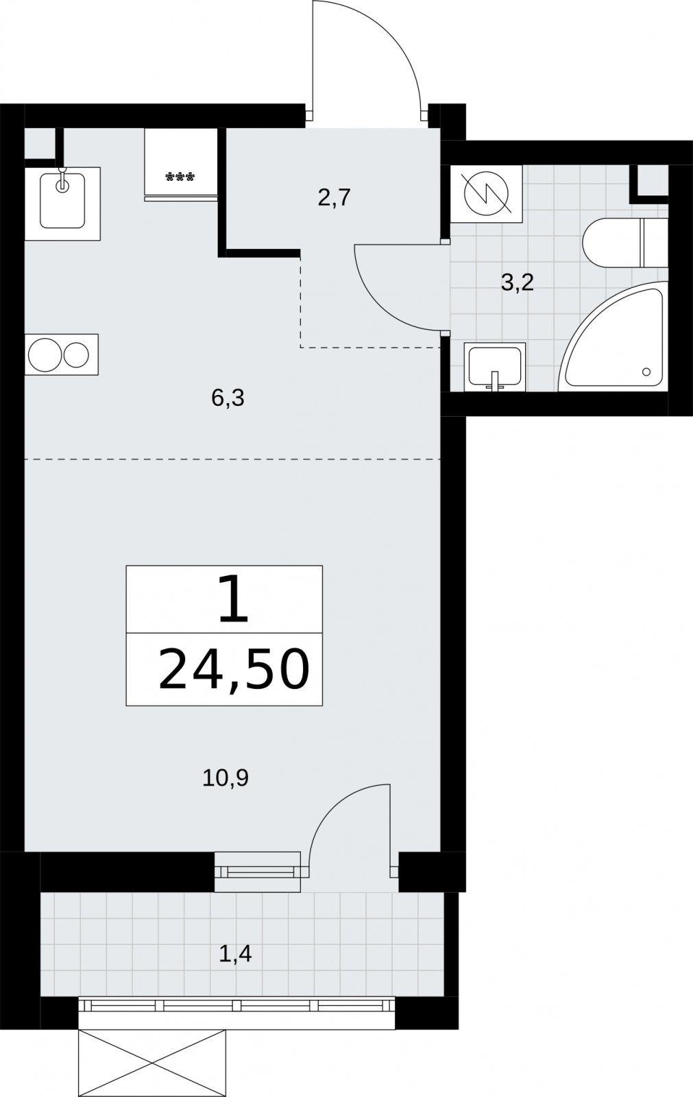 Студия без отделки, 24.5 м2, 2 этаж, сдача 3 квартал 2026 г., ЖК Родные кварталы, корпус 2 - объявление 2295521 - фото №1