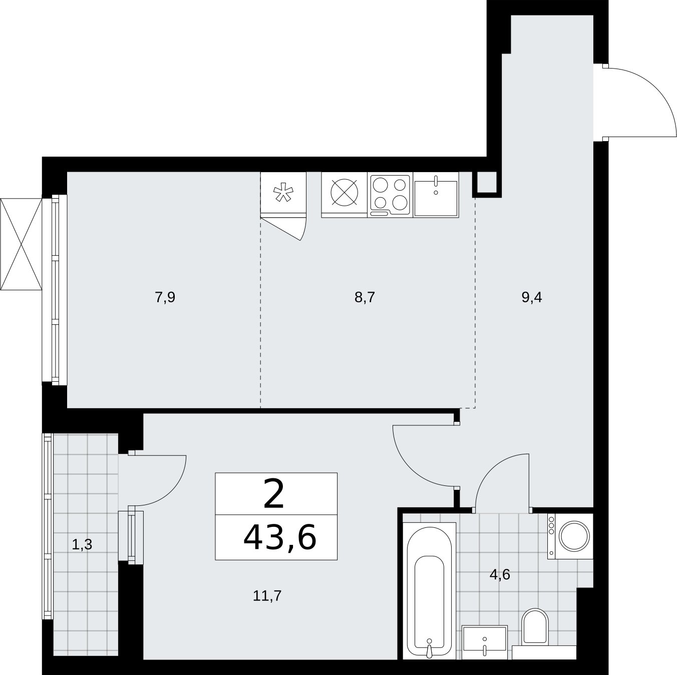 2-комнатная квартира (евро) без отделки, 43.6 м2, 2 этаж, сдача 2 квартал 2026 г., ЖК Бунинские кварталы, корпус 7.3 - объявление 2313832 - фото №1