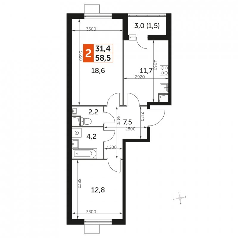 2-комнатная квартира с частичной отделкой, 58.5 м2, 1 этаж, сдача 3 квартал 2023 г., ЖК UP-квартал Римский, корпус 7 - объявление 1662058 - фото №1
