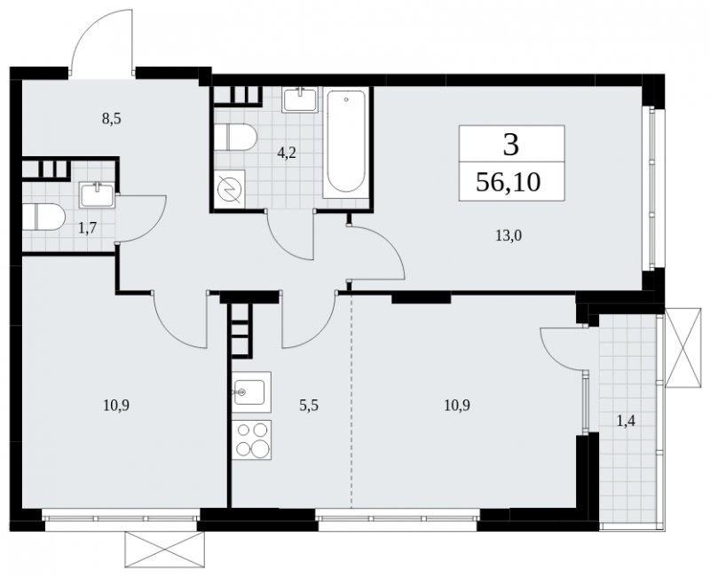3-комнатная квартира (евро) с полной отделкой, 56.1 м2, 3 этаж, сдача 4 квартал 2024 г., ЖК Скандинавия, корпус 35.1.1 - объявление 1780120 - фото №1