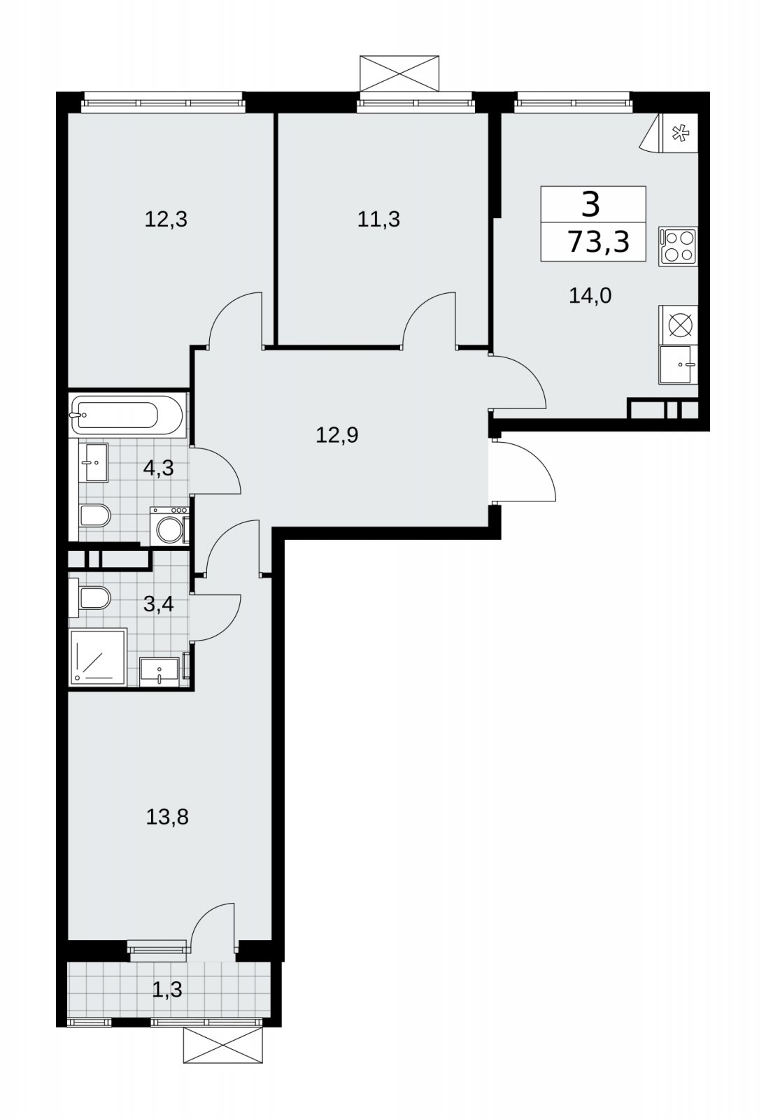 3-комнатная квартира с частичной отделкой, 73.3 м2, 6 этаж, сдача 2 квартал 2026 г., ЖК Прокшино, корпус 11.2.3 - объявление 2270285 - фото №1