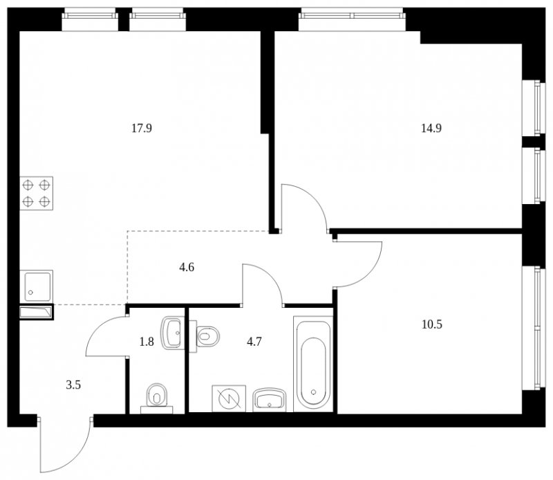 2-комнатная квартира с частичной отделкой, 57.9 м2, 32 этаж, сдача 4 квартал 2023 г., ЖК Кронштадтский 9, корпус 1.4 - объявление 1832247 - фото №1