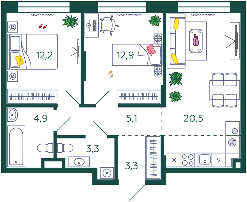 2-комнатная квартира без отделки, 62.2 м2, 6 этаж, сдача 4 квартал 2023 г., ЖК SHAGAL, корпус 1.2 - объявление 1968229 - фото №1